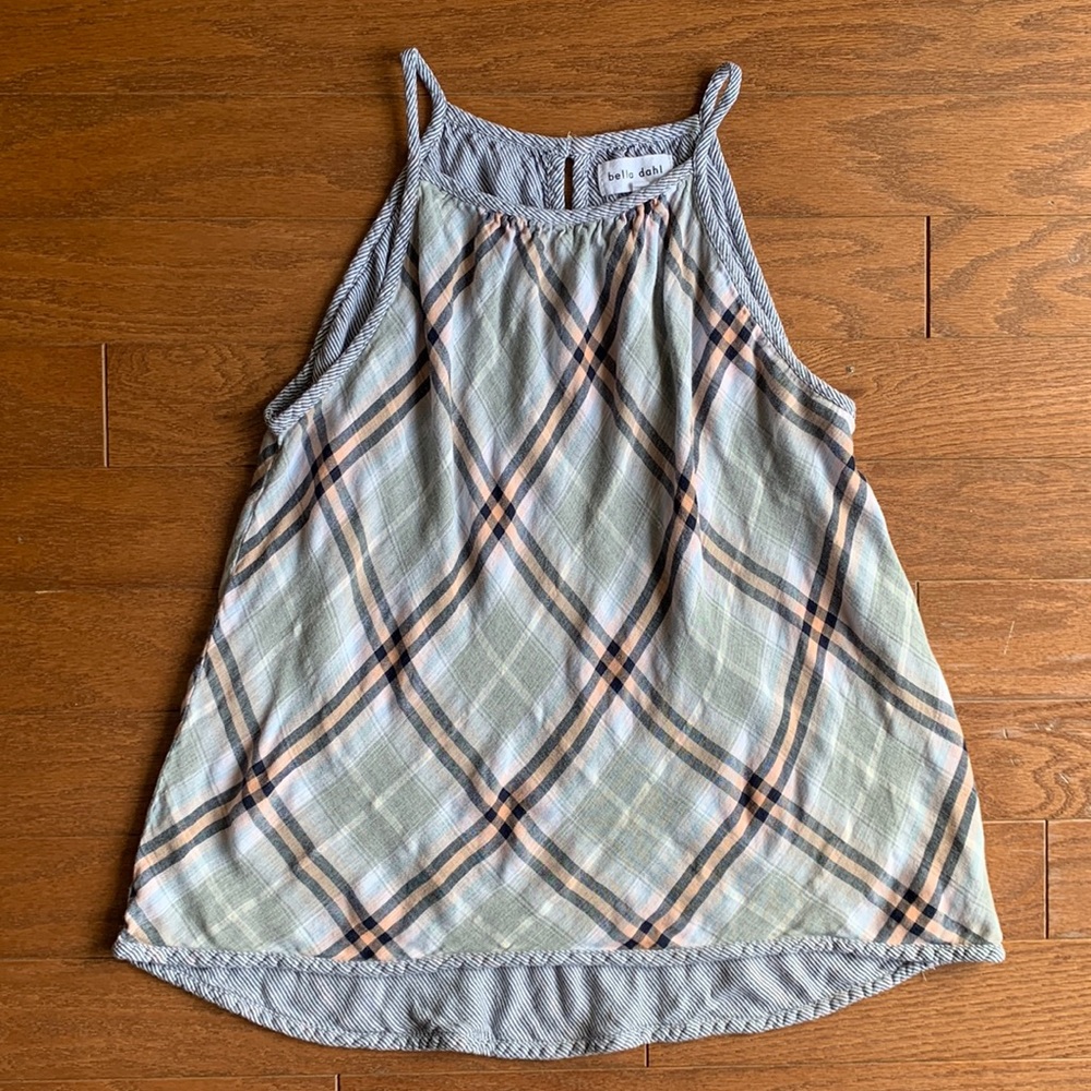 Bella Dahl Plaid High Neck Tank Top Keyhole Back Size XS